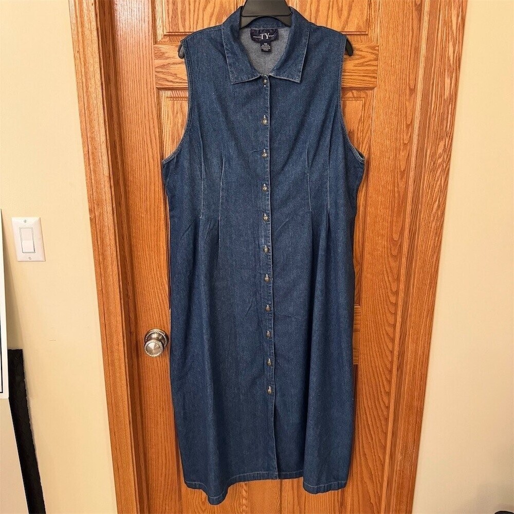 Original TY Wear Shirt Dress Womens 18W Blue Denim Midi Sleeveless